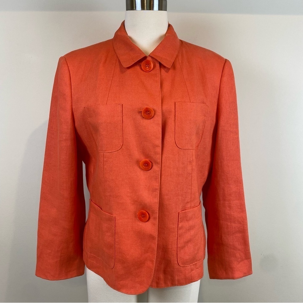 Talbots Orange Blazer Jacket Irish Linen‎ Collared Button Front Size 12 Pockets